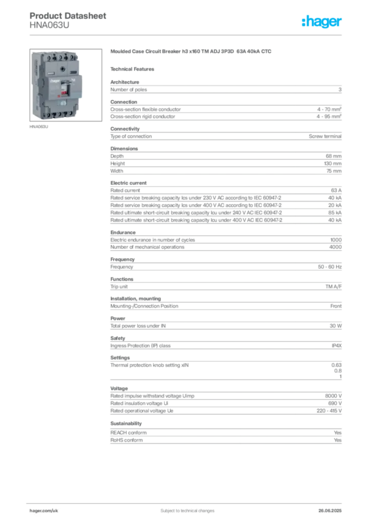 Image Hager Product data sheet HNA063U  | Hager