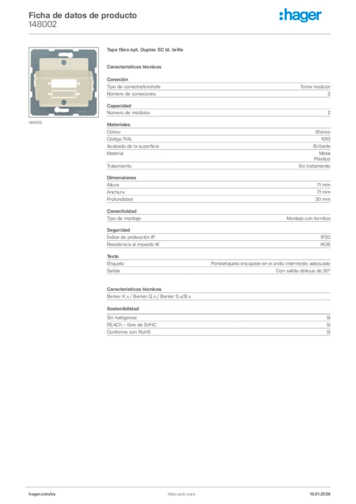 Imagen Hager Ficha de datos de producto 148002 | Hager España