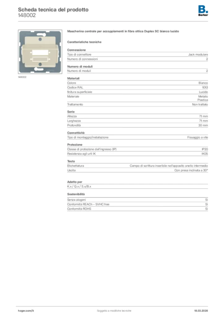 Immagine Berker Scheda tecnica del prodotto 148002 | Hager Italia