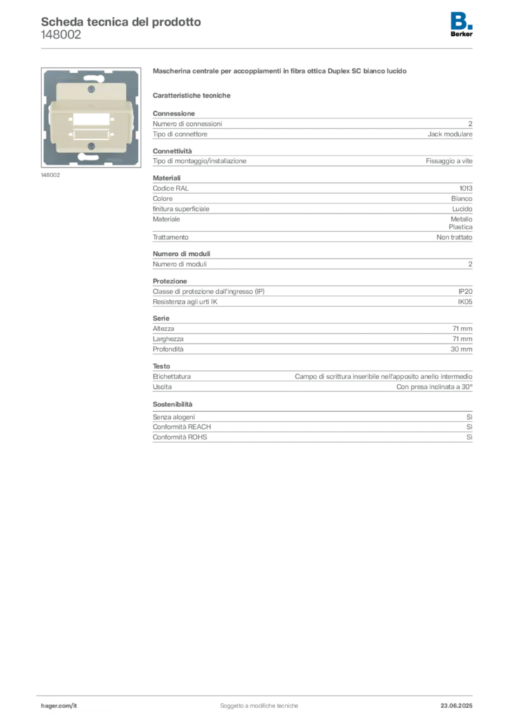 Immagine Berker Scheda tecnica del prodotto 148002 | Hager Italia