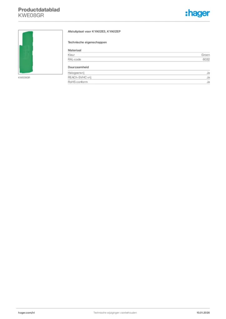 Afbeelding Hager Productdatablad KWE08GR | Hager Nederland