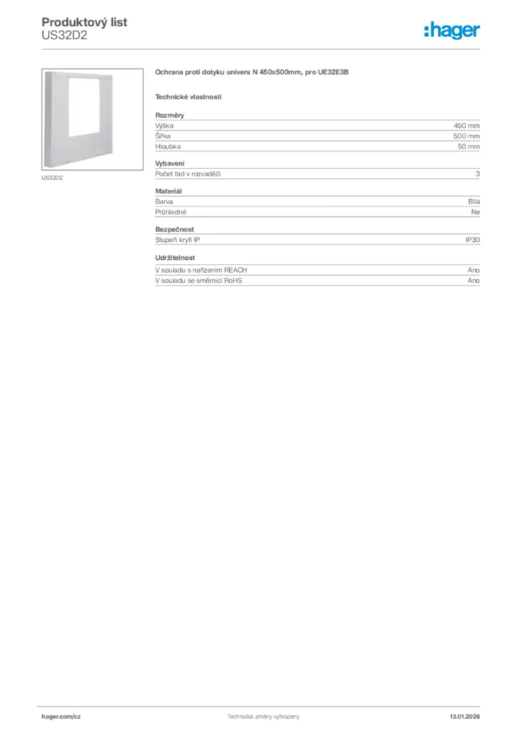 Obrázek Hager Product data sheet US32D2 | Hager