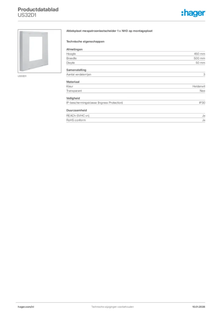 Afbeelding Hager Productdatablad US32D1 | Hager Nederland