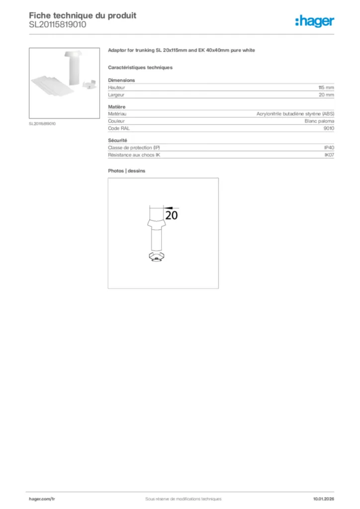 Image Hager Fiche technique du produit SL20115819010 | Hager France