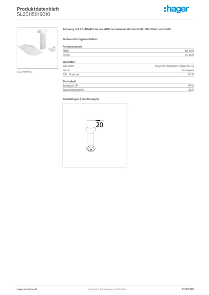 Bild Hager Produktdatenblatt SL20115819010 | Hager Schweiz
