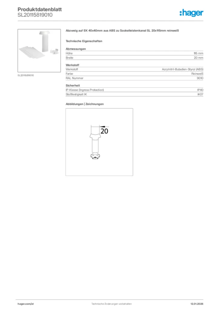 Bild Hager Produktdatenblatt SL20115819010 | Hager Deutschland