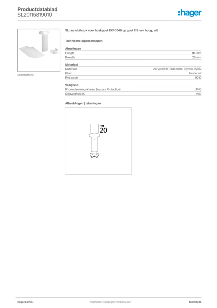 Afbeelding Hager Productdatablad SL20115819010 | Hager Nederland