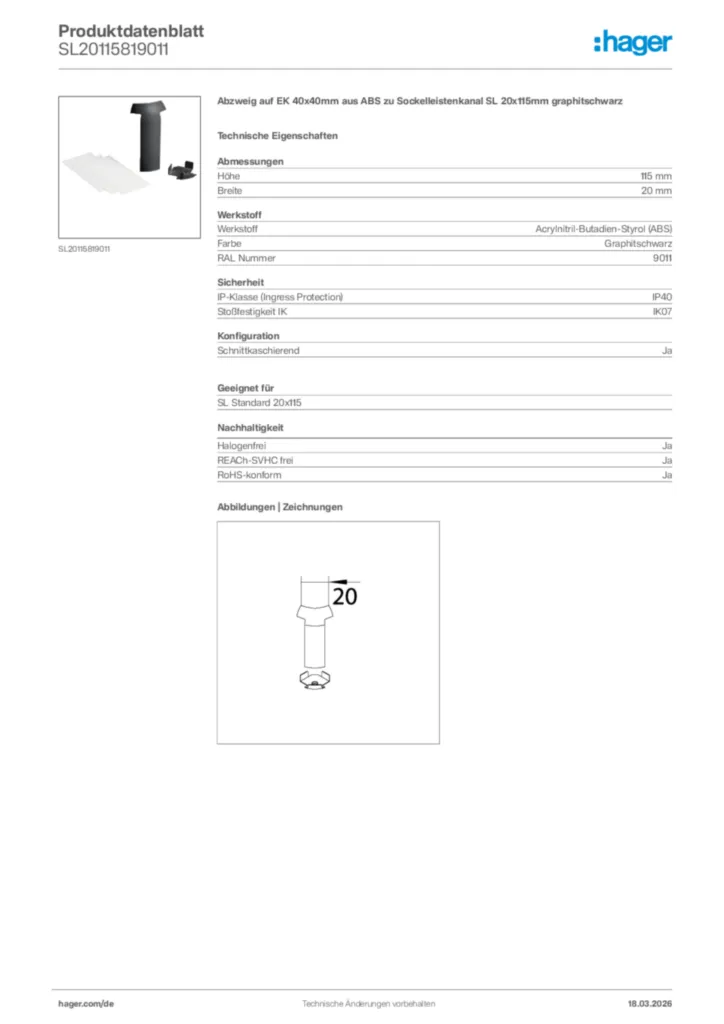 Bild Hager Produktdatenblatt SL20115819011 | Hager Deutschland