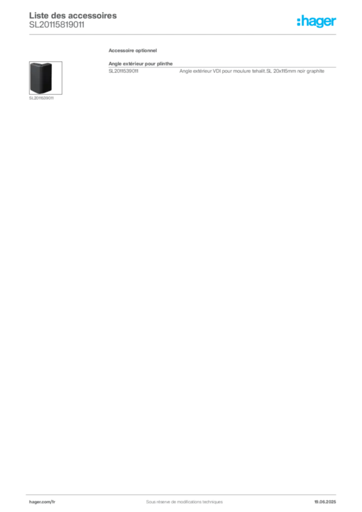 Image Hager Fiche technique du produit SL20115819011 | Hager France