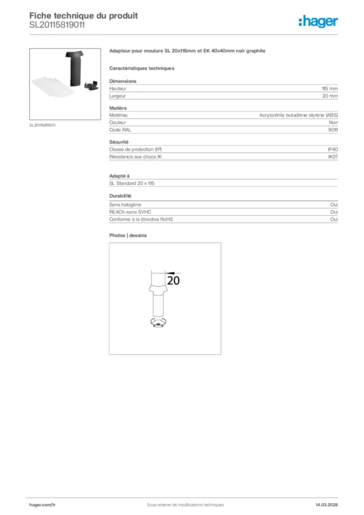 Image Hager Fiche technique du produit SL20115819011 | Hager France