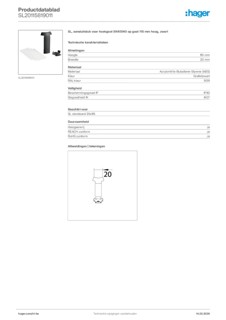 Afbeelding Hager Productdatablad SL20115819011 | Hager Belgium
