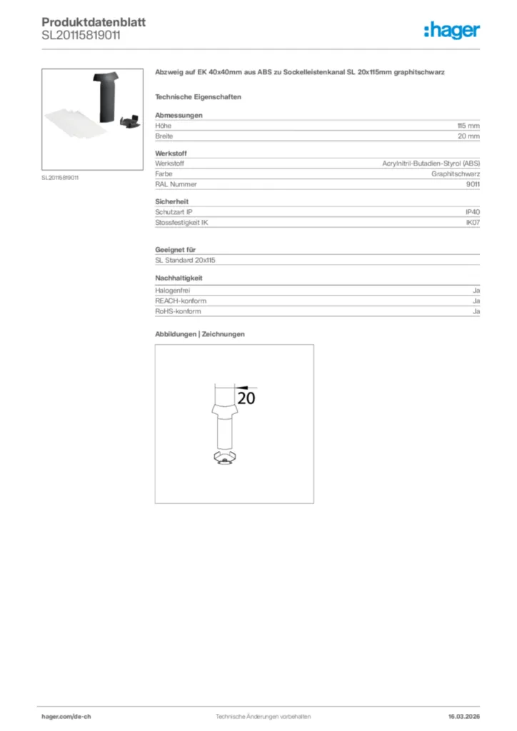 Bild Hager Produktdatenblatt SL20115819011 | Hager Schweiz