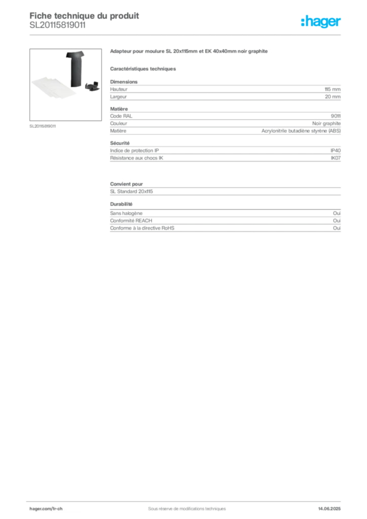 Image Hager Fiche technique du produit SL20115819011 | Hager Suisse