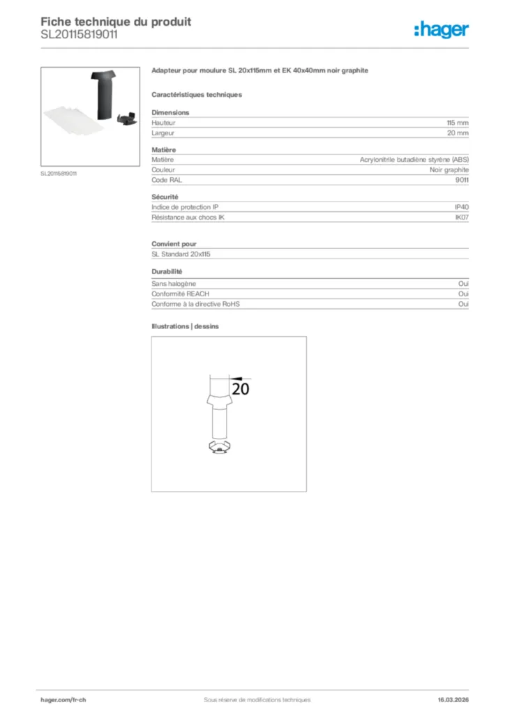 Image Hager Fiche technique du produit SL20115819011 | Hager Suisse