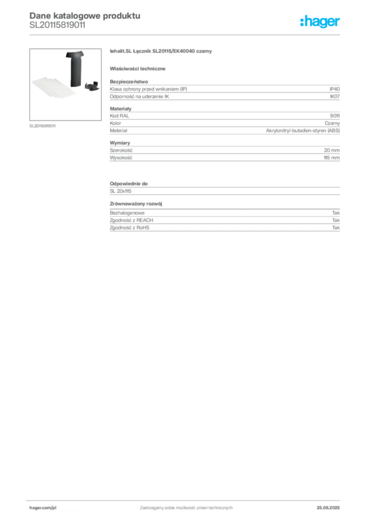Zdjęcie Hager Dane katalogowe produktu SL20115819011 | Hager Polska