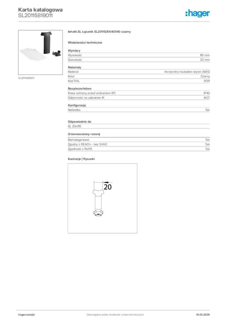Zdjęcie Hager Karta katalogowa SL20115819011 | Hager Polska