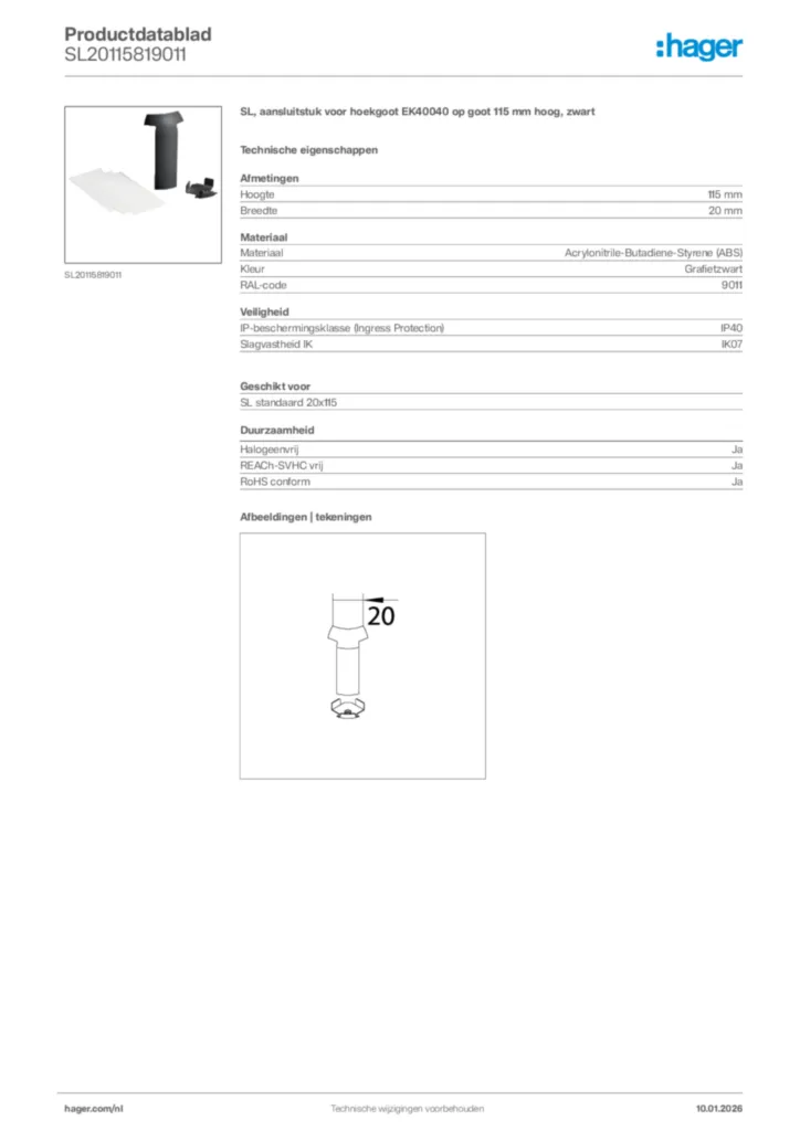 Afbeelding Hager Productdatablad SL20115819011 | Hager Nederland
