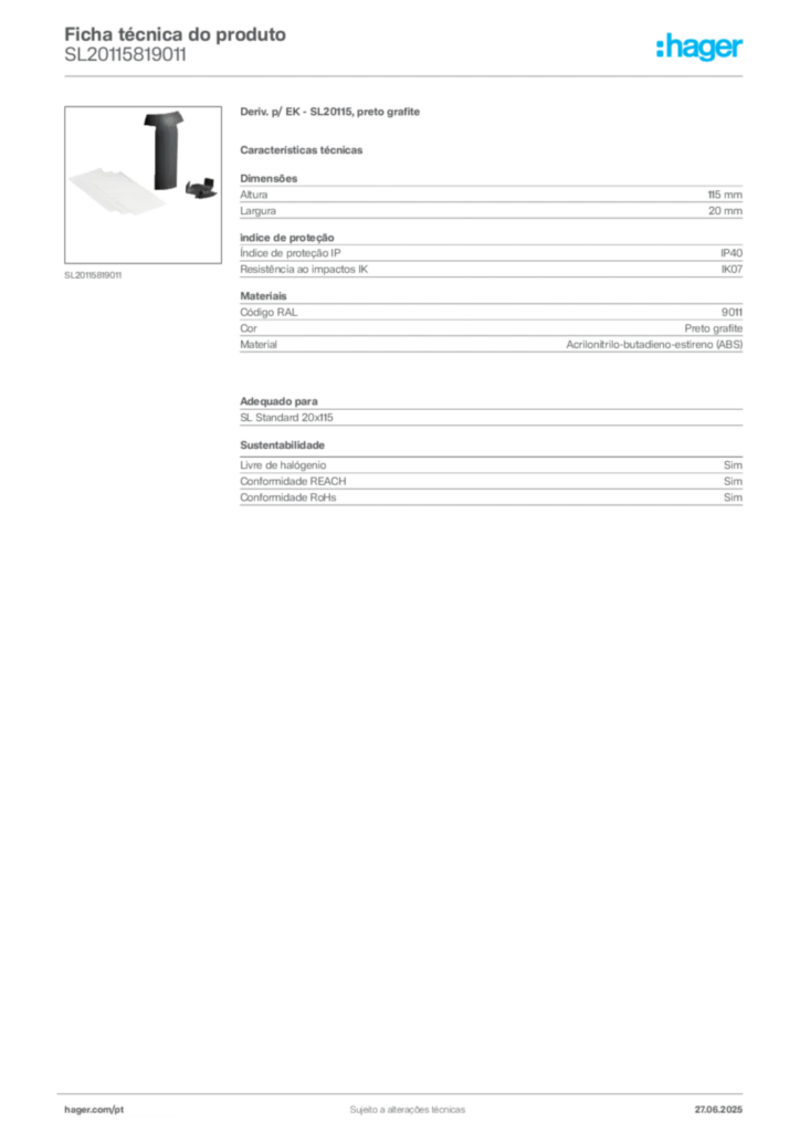 Imagem Hager Ficha técnica do produto SL20115819011 | Hager Portugal