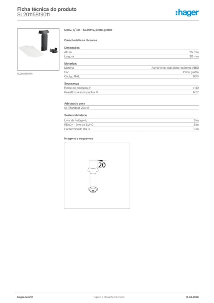 Imagem Hager Ficha técnica do produto SL20115819011 | Hager Portugal
