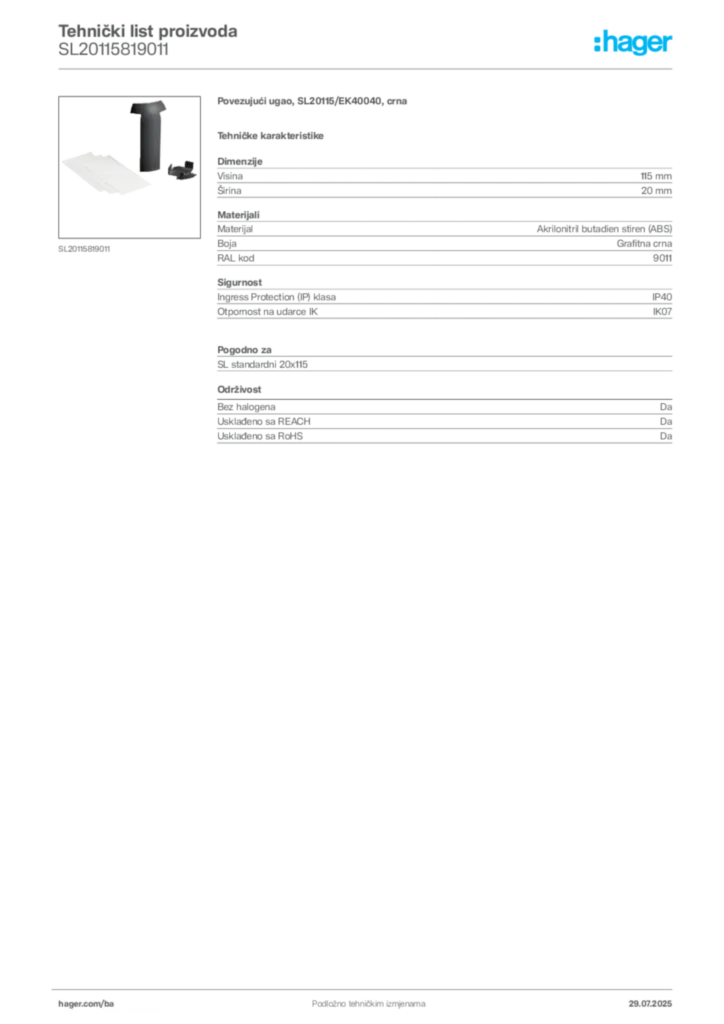 Slika Hager Product data sheet SL20115819011  | Hager