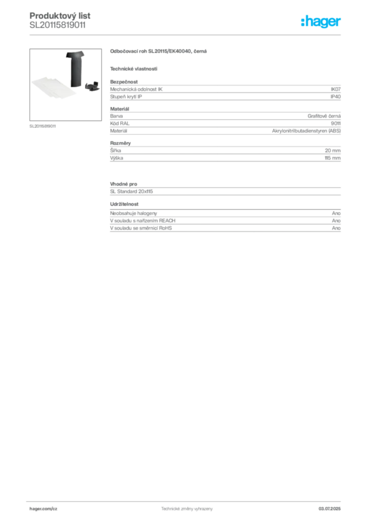 Obrázek Hager Produktový list SL20115819011 | Hager