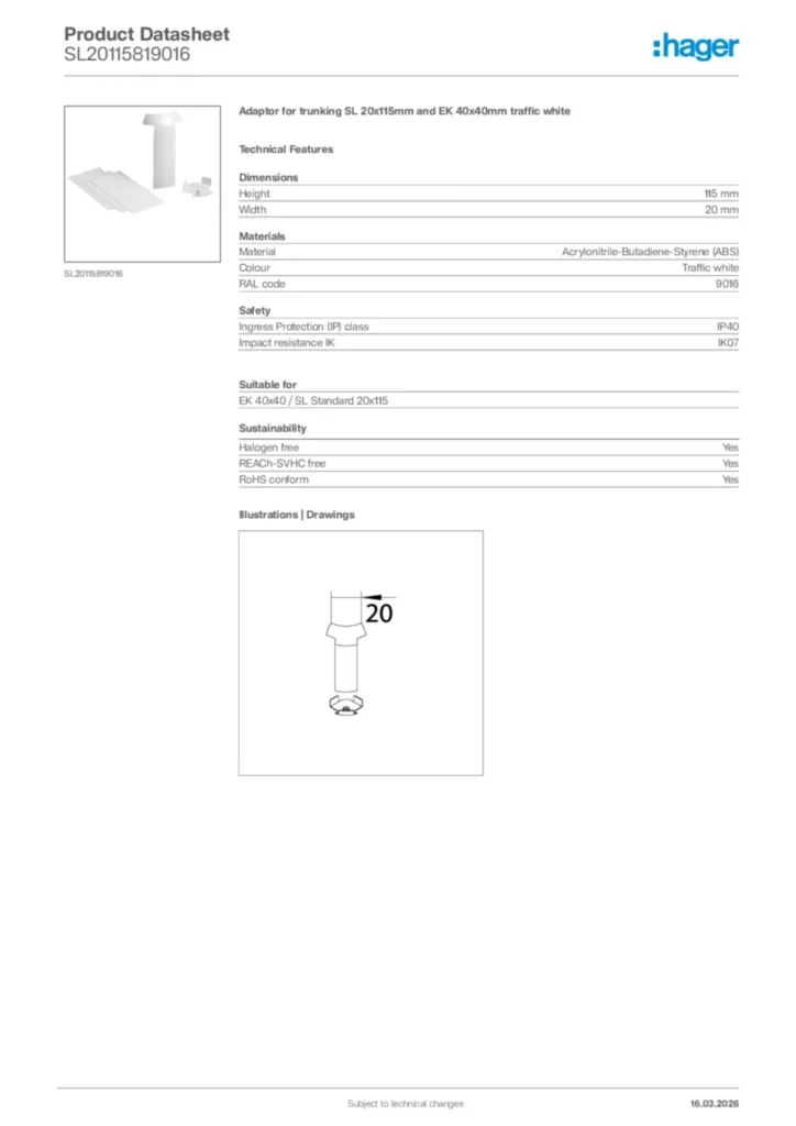 Image Hager Product data sheet SL20115819016  | Hager Africa