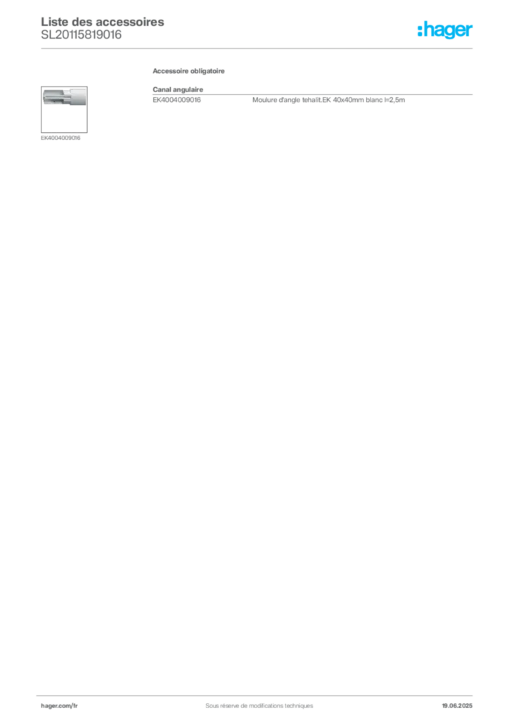 Image Hager Fiche technique du produit SL20115819016 | Hager France