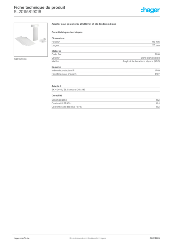 Image Hager Fiche technique du produit SL20115819016 | Hager Belgique