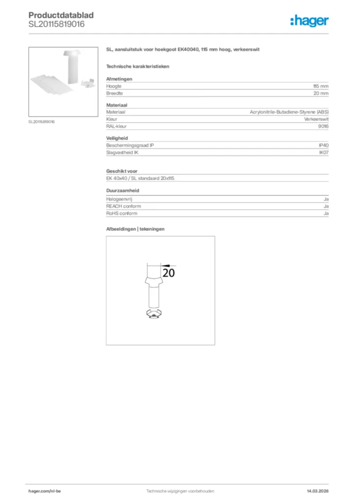 Afbeelding Hager Productdatablad SL20115819016 | Hager Belgium