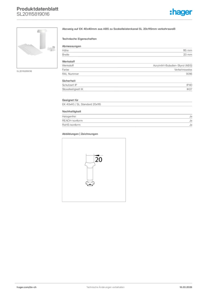 Bild Hager Produktdatenblatt SL20115819016 | Hager Schweiz