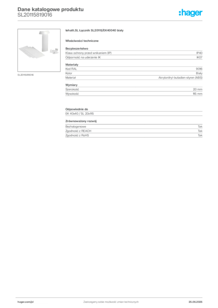 Zdjęcie Hager Dane katalogowe produktu SL20115819016 | Hager Polska