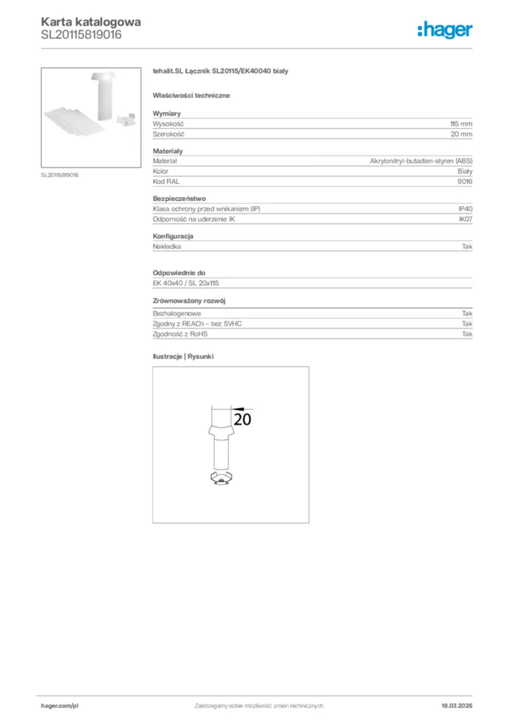Zdjęcie Hager Karta katalogowa SL20115819016 | Hager Polska