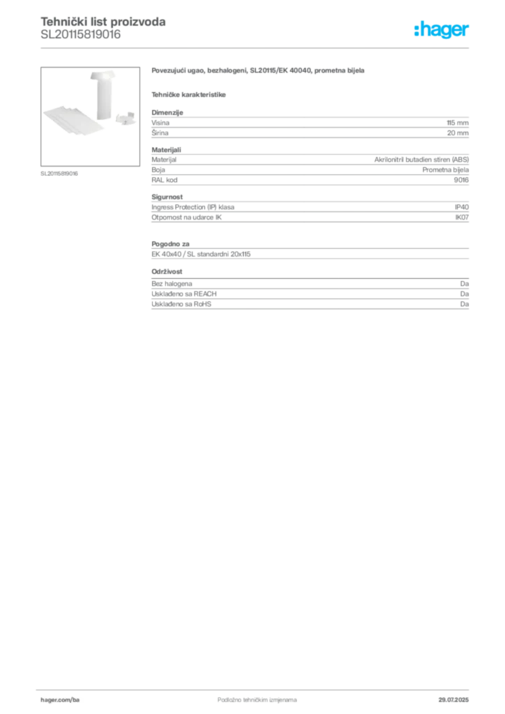 Slika Hager Product data sheet SL20115819016  | Hager