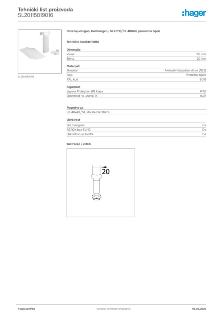 Slika Hager Tehnički list proizvoda SL20115819016  | Hager