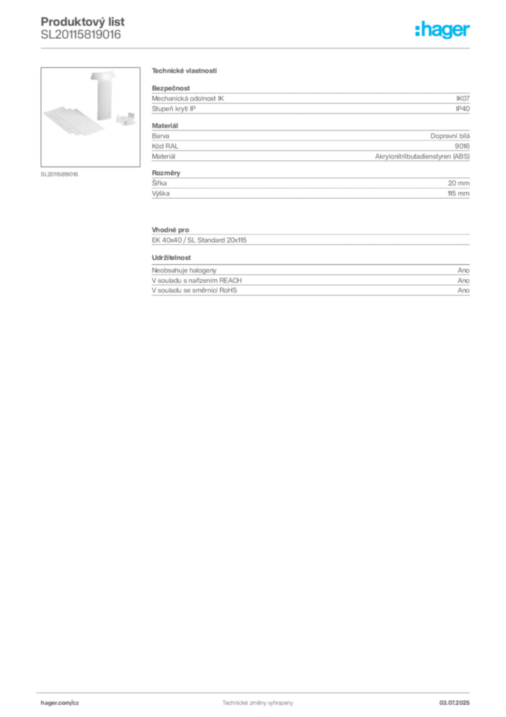 Obrázek Hager Produktový list SL20115819016 | Hager