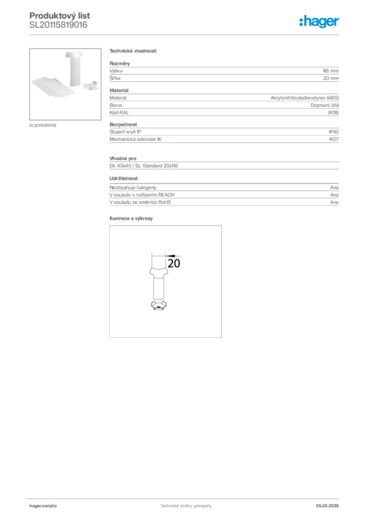Obrázek Hager Product data sheet SL20115819016 | Hager
