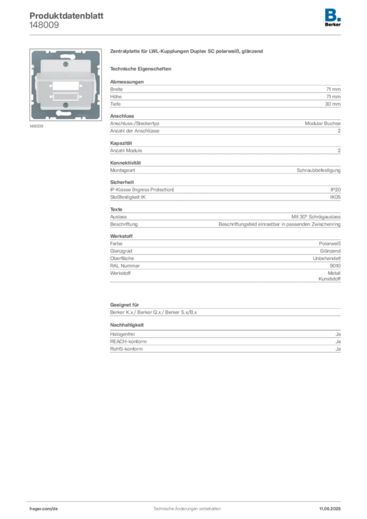 Bild Berker Produktdatenblatt 148009 | Hager Deutschland