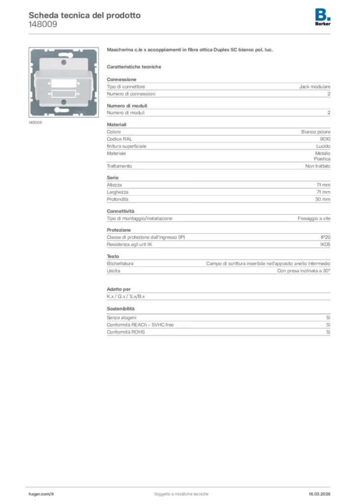 Immagine Berker Scheda tecnica del prodotto 148009 | Hager Italia