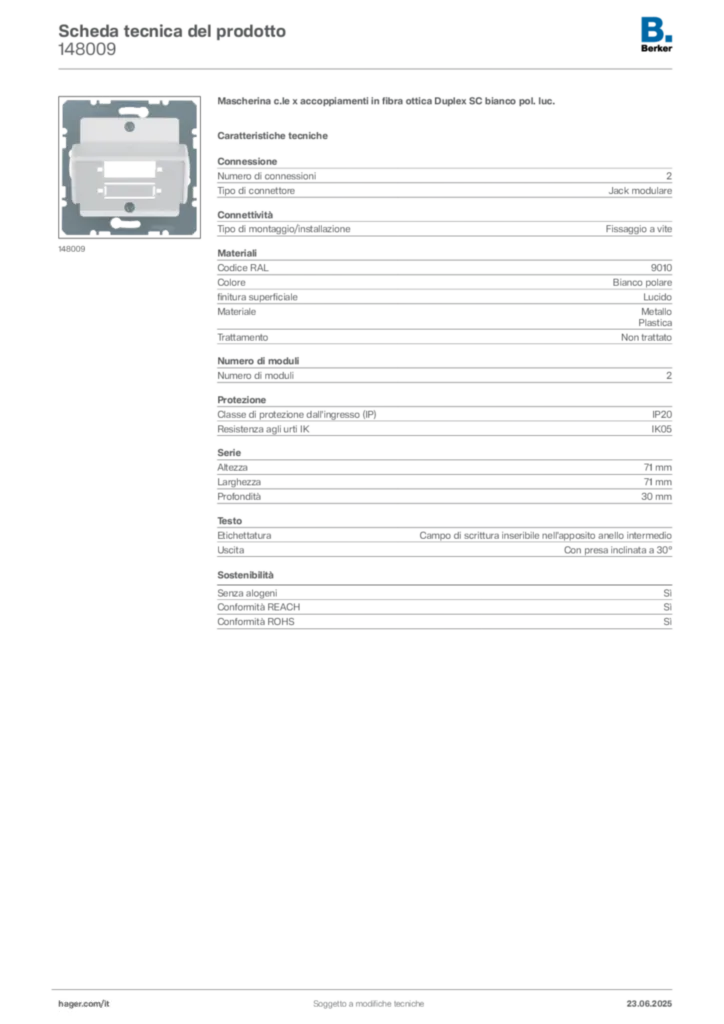 Immagine Berker Scheda tecnica del prodotto 148009 | Hager Italia