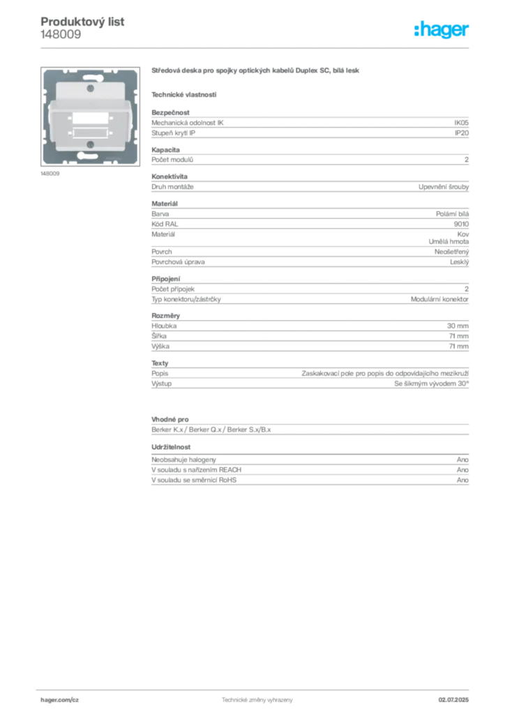 Obrázek Hager Produktový list 148009 | Hager