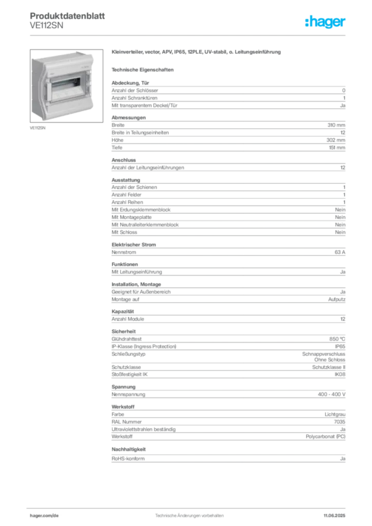 Hager Produktdatenblatt VE112SN