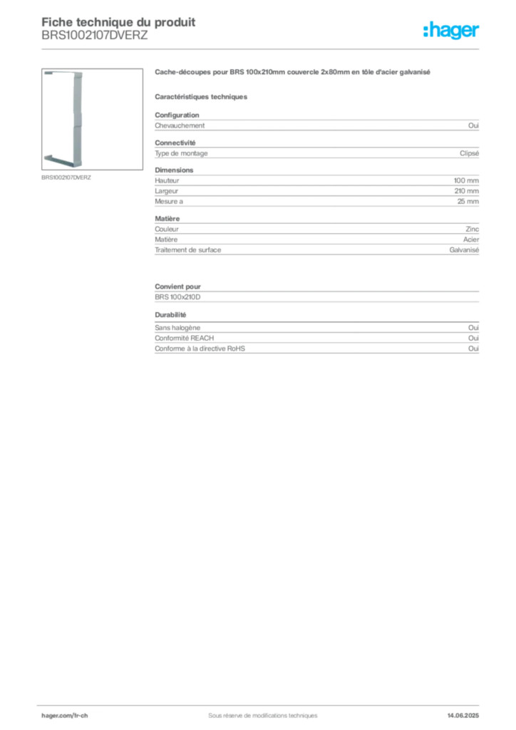 Image Hager Fiche technique du produit BRS1002107DVERZ | Hager Suisse