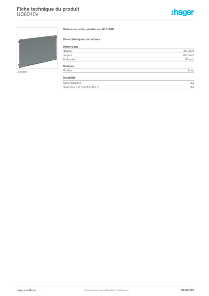 Image Hager Fiche technique du produit UC6040V | Hager Belgique