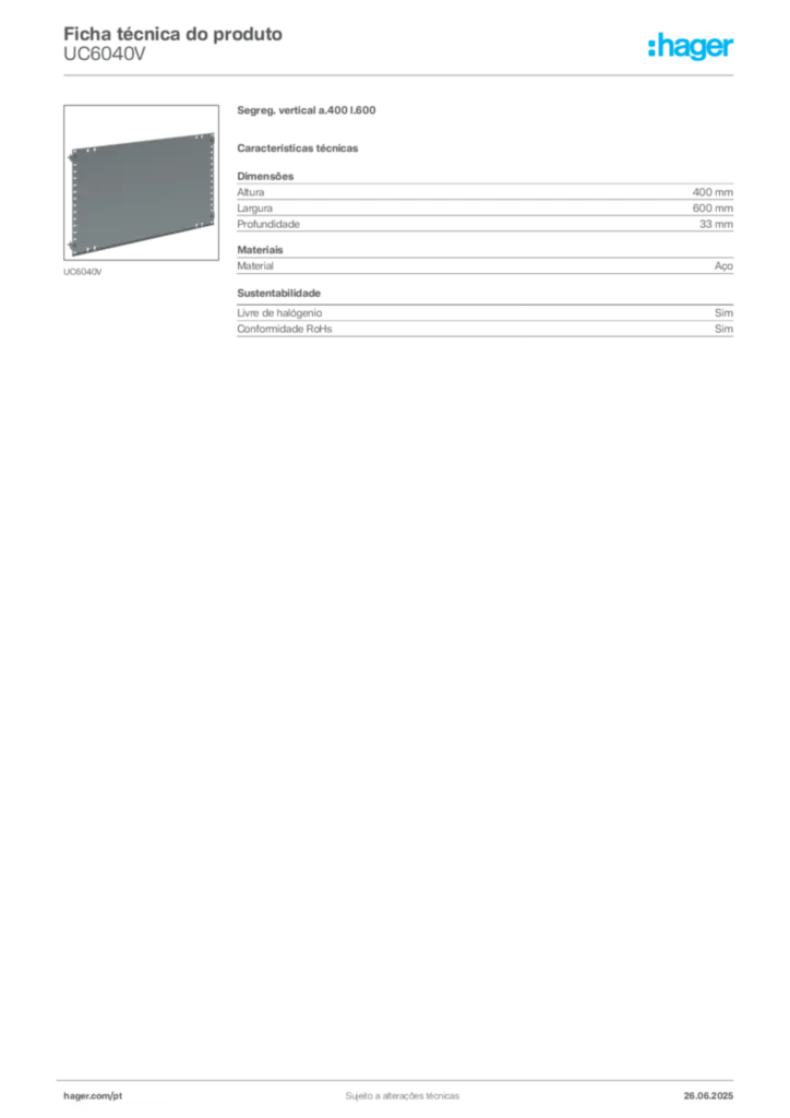 Imagem Hager Ficha técnica do produto UC6040V | Hager Portugal