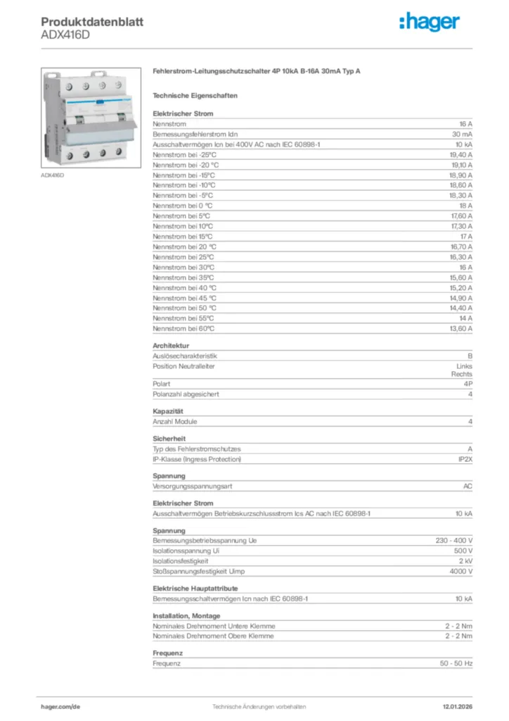 Hager Produktdatenblatt ADX416D