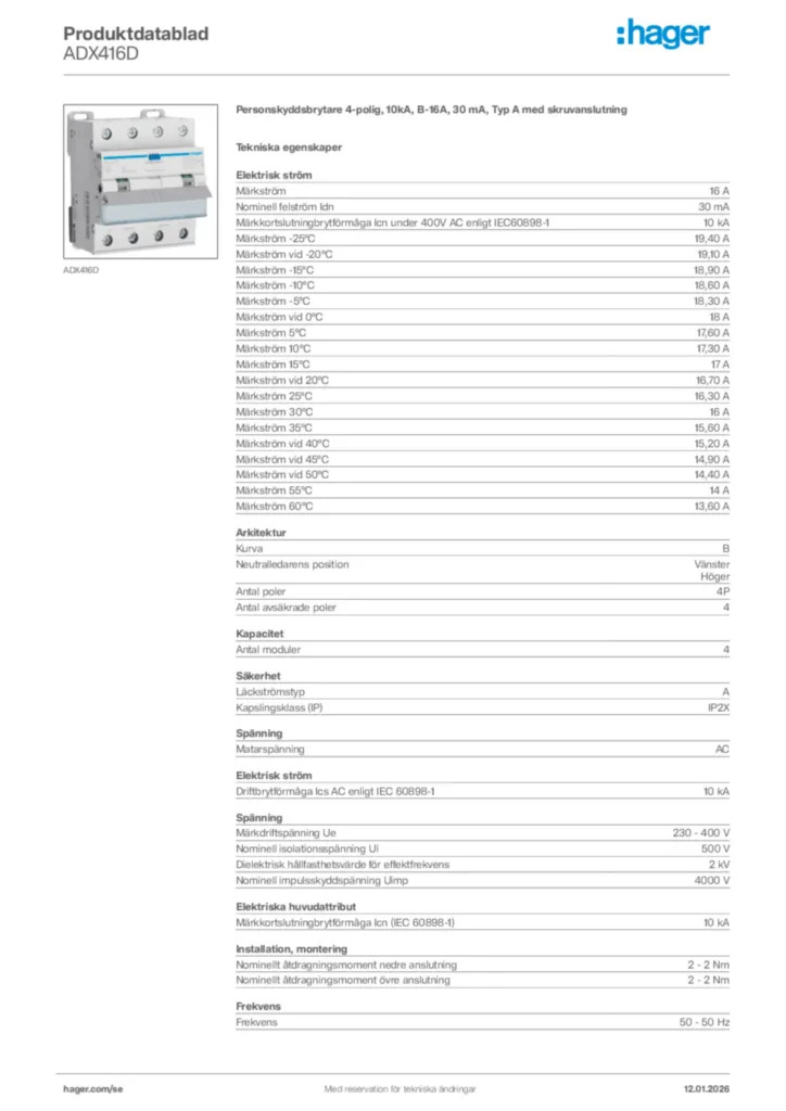 Bild Hager Produktdatablad ADX416D | Hager Sverige