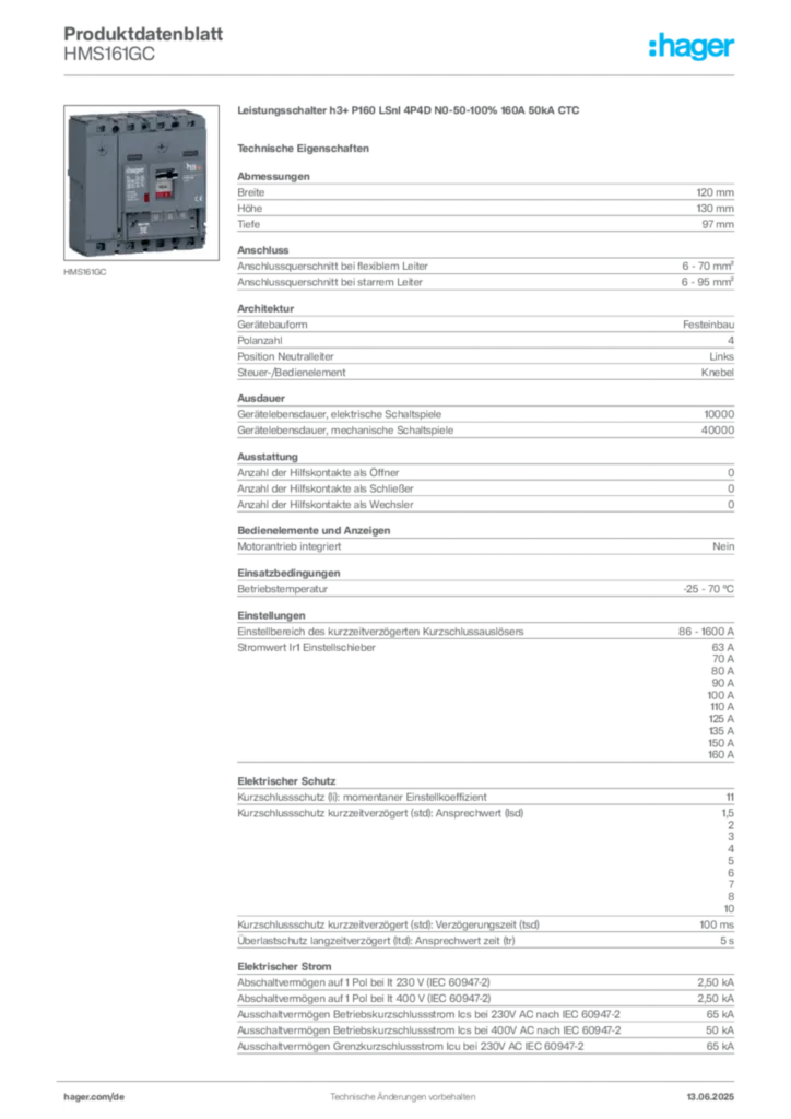 Bild Hager Produktdatenblatt HMS161GC | Hager Deutschland