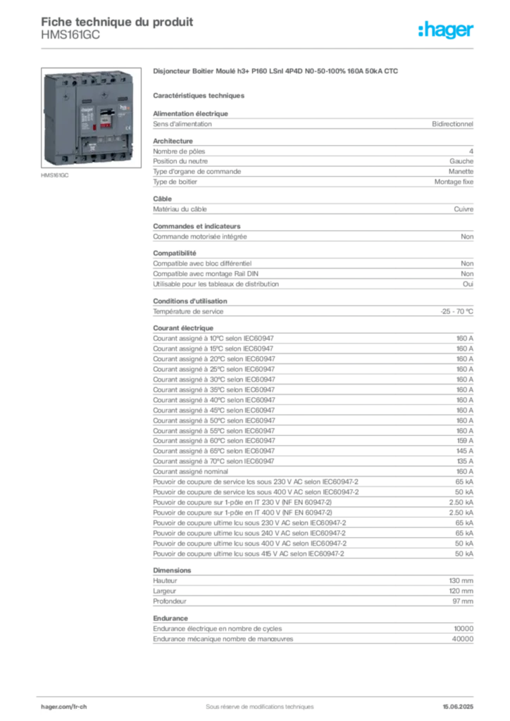 Image Hager Fiche technique du produit HMS161GC | Hager Suisse