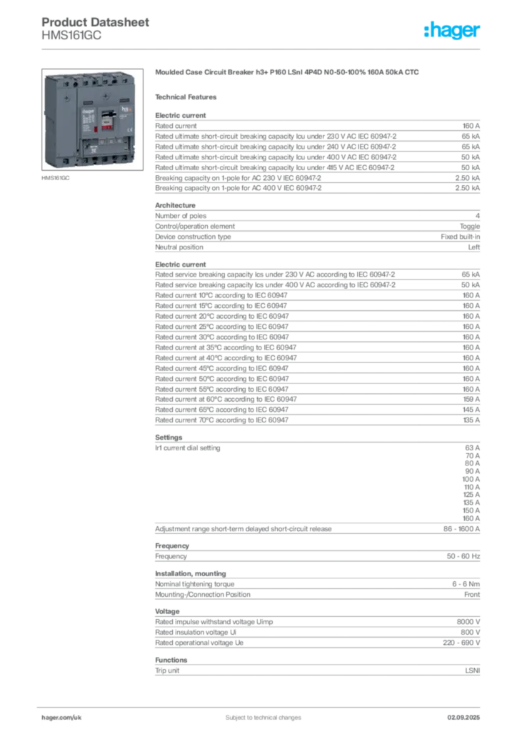 Image Hager Product data sheet HMS161GC  | Hager