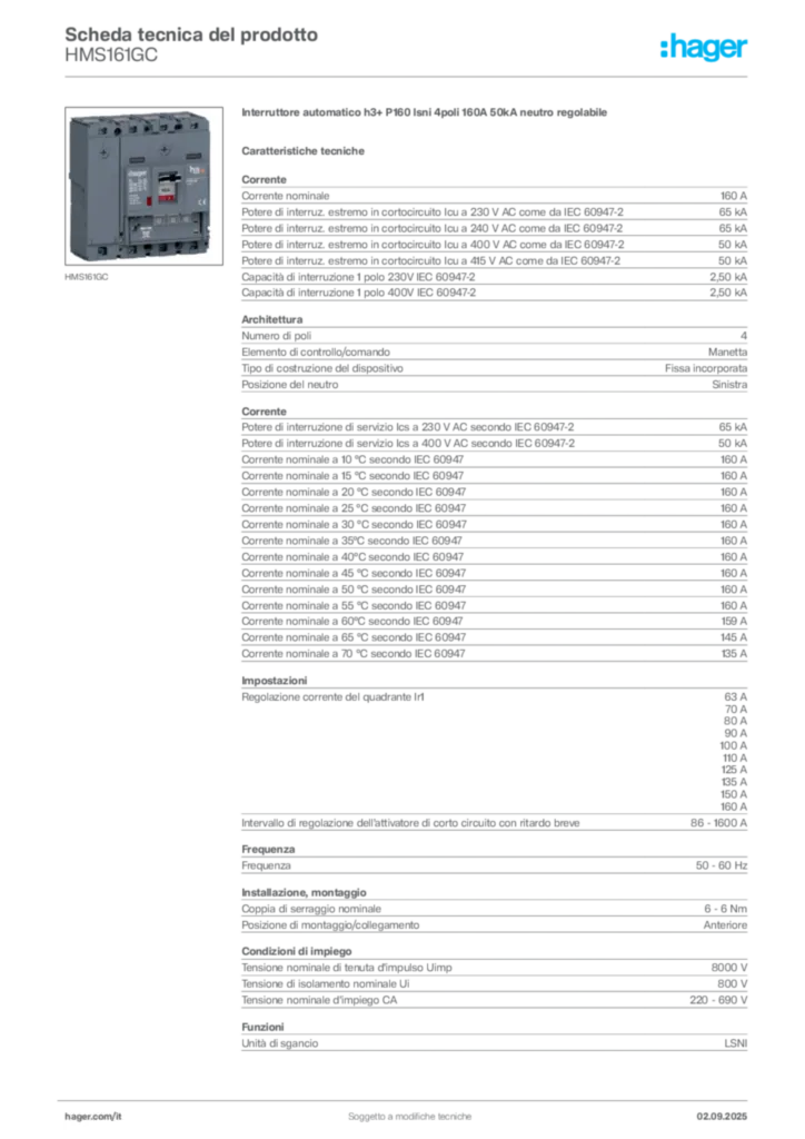 Immagine Hager Scheda tecnica del prodotto HMS161GC | Hager Italia